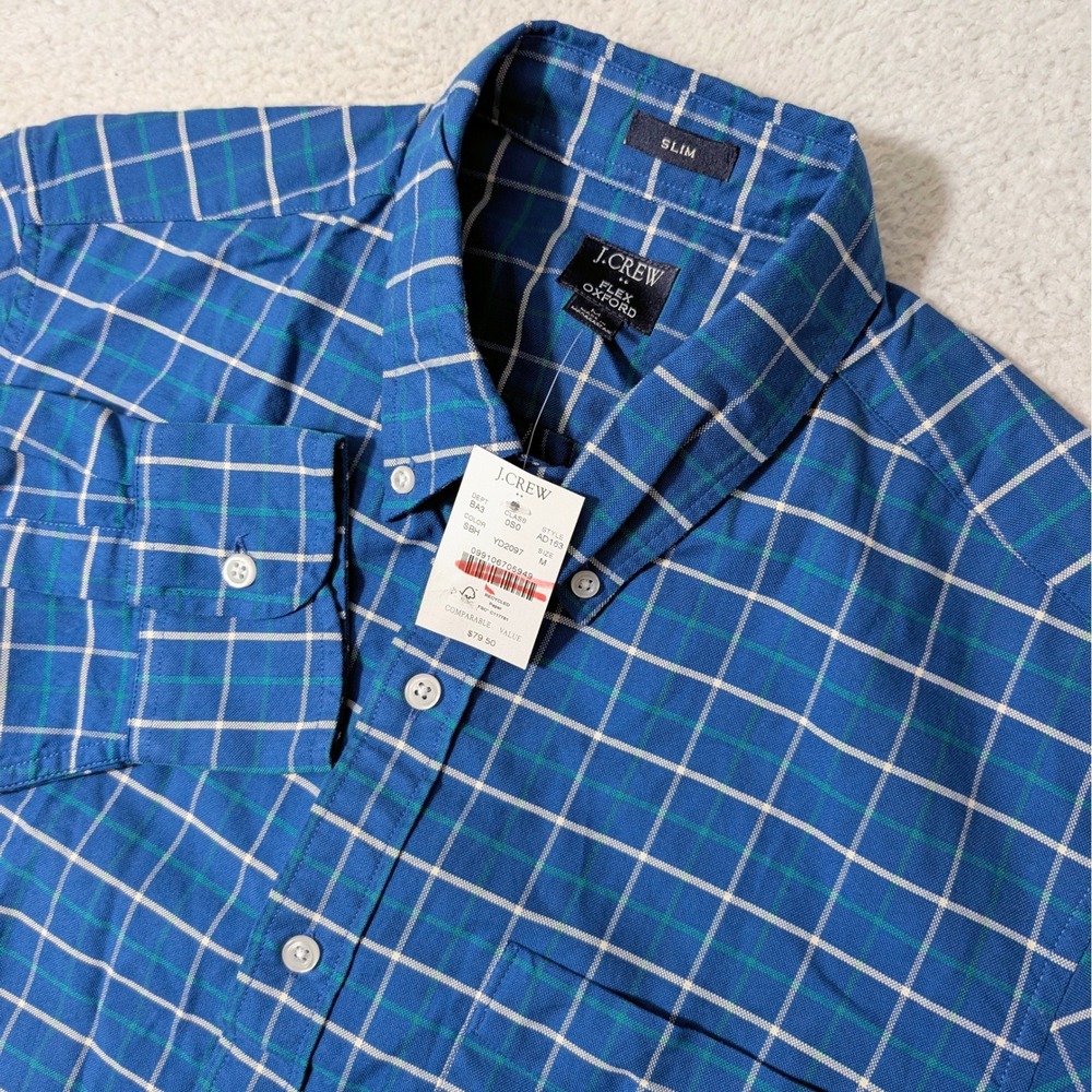 NEW! J.Crew Flex Oxford Button Down Men Med Blue Green Plaid Slim Fit L/S AD163‎